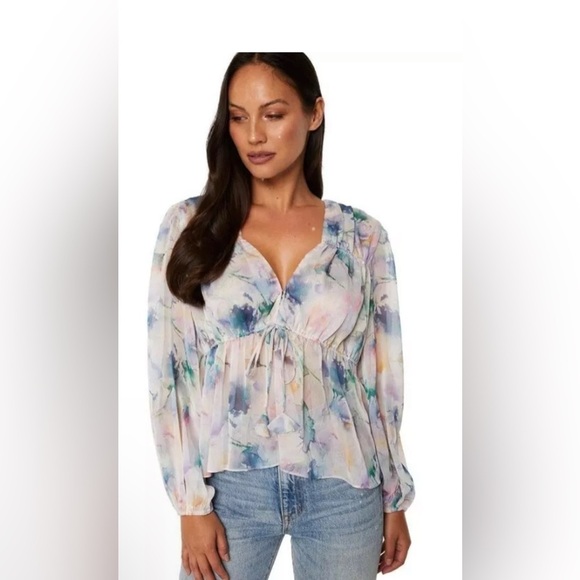 NWT MISA Los Angeles Bina Sheer Top Abstract Pastel Watercolor Size S - Picture 2 of 7